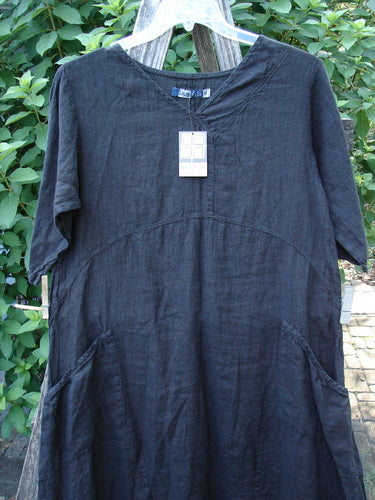 Barclay NWT Linen Cross Over Serenade Urchin Dress in Unpainted Black, displayed on a hanger, showcases its unique one-sided cross-over neckline and empire waist with distinct vertical seams.