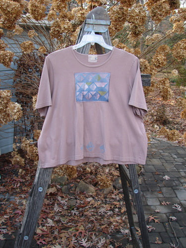 2000 Short Sleeved Crop Tee with a diamond window design on a pink shirt. Made from organic cotton. Size 2.