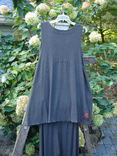 2000 Rayon Lycra Rib Crossroad Road Flare Duo in Charcoal Heather Size 2 on a wooden rack, showcasing the unique A-line shape and flare pant with forgiving measurements and criss-cross stitch details.