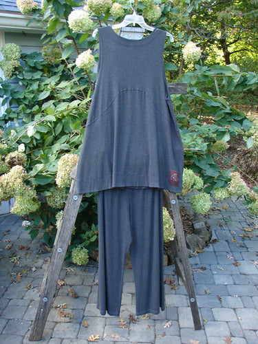 2000 Rayon Lycra Rib Crossroad Road Flare Duo in Charcoal Heather, featuring pants draped on a wooden ladder, highlighting the fabric's superior drape and elastic waistline.