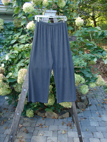 2000 Rayon Lycra Rib Crossroad Road Flare Duo Unpainted Charcoal Heather Size 2 pants draped on a wooden ladder, showcasing a stylish flared design with a full elastic waistline.