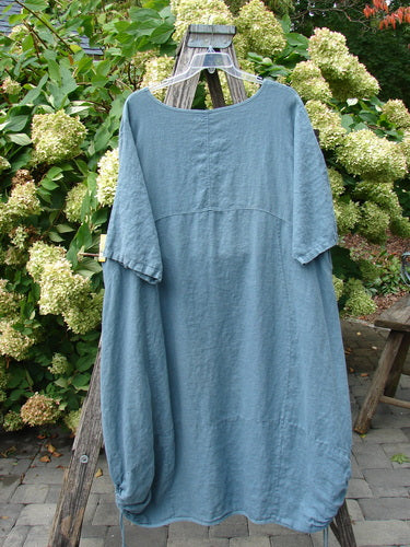 Barclay Linen Lucky Urchin Dress Floral Drift Delaware Size 2 in muted blue linen, hanging from a weathered wooden ladder. The loose, softly textured dress has short sleeves, a relaxed drape, and a gently rounded hem against dense green hydrangea foliage.