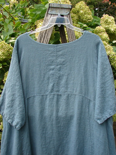 Barclay Linen Lucky Urchin Dress Floral Drift Delaware Size 2 in muted blue-green linen, shown from the back with a wide neckline, short sleeves, a center seam, and a softly gathered waist. The textured fabric hangs in a relaxed, draped silhouette against leafy garden greenery.