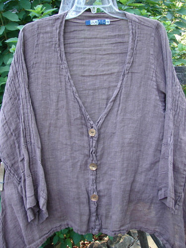 Barclay Linen Deep V Neck Three Button Top Unpainted Peat Size 0 features a unique hemline and pinched sleeves, showcasing BlueFishFinder's vintage-inspired design with three shell buttons on lightweight linen.