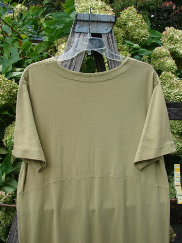 1998 Botanicals Calla Dress Echinacea Seed Size 0 in muted olive green, shown as a soft jersey dress with a rounded neckline, short sleeves, and a gently gathered waist seam. It hangs on a wooden hanger against leafy garden greenery.