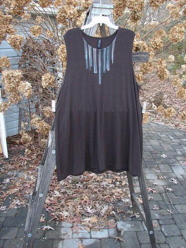 Barclay Rayon Lycra A Line Tunic in Mortar, Size 2. Sleeveless dress on wooden rack. Sweet rounded neckline, deeper arm openings, widening lower shape, sweeping lower. Superior bounce and sway. Bust 50, waist 50, hips 56, sweep 66, length 33 inches.