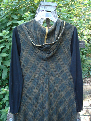 Barclay Rayon Linen Ruffle Pocket Dress in Brown Plaid, displayed on a clothesline, features a hi-low hemline, ribbed sleeves, and exterior pockets, embodying vintage Blue Fish Clothing's creative freedom.