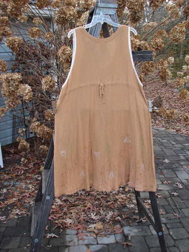 1998 Gauze Shell Vest Angel Wing Cork Size 2: A brown dress on a wooden stand, featuring tiny shell buttons, hand-dyed silk ribbon edges, and a line shape.