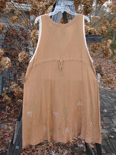 1998 Gauze Shell Vest Angel Wing Cork Size 2: A brown dress on a clothes rack, featuring tiny shell buttons, a rounded hemline, and hand-dyed silk ribbon edges.