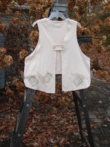 1999 The Tab Vest Baker Tea Dye Size 2: A white vest with a bottle design on it, perfect condition. Features include a sweet tab front, crop rear hemline, and shirt tail front. Made from medium weight organic cotton jersey.