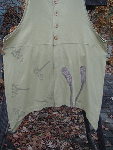Image alt text: 1998 Botanicals Aster Vest with buttons and flower design, made from Organic Cotton. Deep rounded neckline, empire waist seam, unique front and rear vents with wavy shell-like buttons. Size 2, perfect condition.