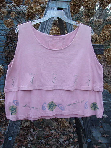 1993 Parallel Top Twig Ash Pink OSFA: A pink shirt on a swinger with flowers, a button, and a close-up of leaves and rocks.