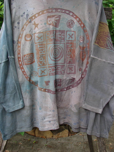 Barclay NWT Patched Supima Taos Mountain Tunic Belief Spirit Magic Peace Grey OSFA features intricate patchwork details on soft grey fabric, capturing the unique vintage style of BlueFishFinder.com.