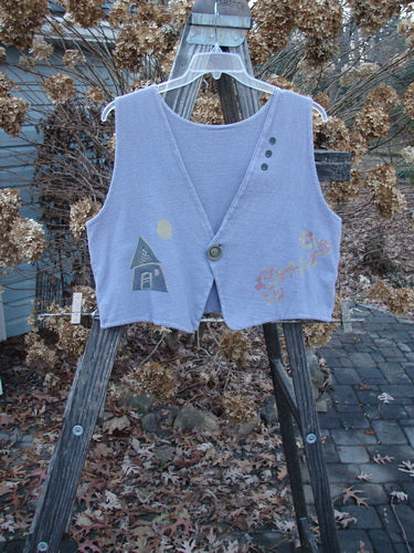 1995 Reprocessed Jazz Vest with Magical Home Paint, Mulberry, Size 1. Outdoor clothing: a vest on a swinger, with a house on it.