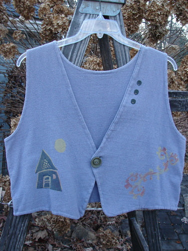 1995 Reprocessed Jazz Vest with Magical Home theme paint. Size 1. Mulberry. Perfect condition. Double layered reprocessed cotton. Straight back hemline. Contrasting front angled hemline. Single button closure. Deep V neck. Crop length. Bust 46. Waist 46. Front length 20. Back length 18.