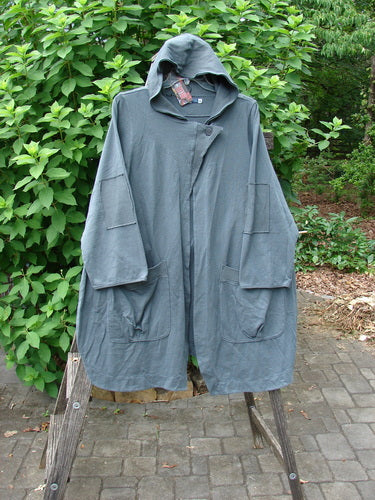 Barclay NWT Reprocessed Patched Hooded Button Jacket Unpainted Grey Storm Size 0 displayed outdoors, highlighting its long, flowing design, patchwork details, and hood, embodying BlueFishFinder's unique vintage style.