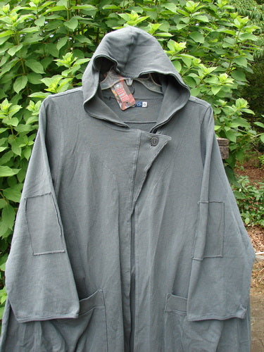 Barclay NWT Reprocessed Patched Hooded Button Jacket Unpainted Grey Storm Size 0 displayed against a natural backdrop, highlighting its unique button design and hood feature, embodying vintage Blue Fish creativity.