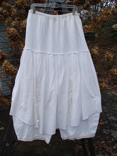 Barclay Hemstitch Embroidered Fusion Pant Skirt, a white skirt on a clothesline. Full elastic waistline, exterior lacy seams, tie accents in front and back. Cropped under pant with sectional panels, stitched lower cuff accents. Tapered lowers, billowy shape. Pant measurements: Waist 30-40, Hips 62, Inseam 20, Full Length 40. Upper layer measures 36 inches.