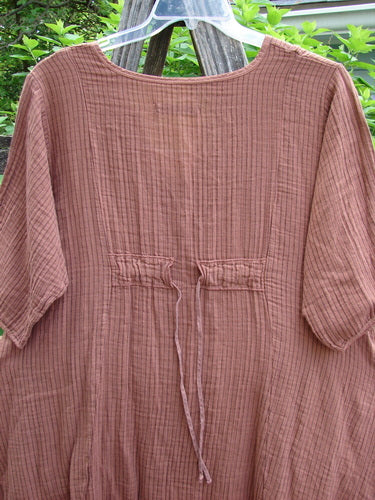 Barclay Gauze Key Pocket Everyday Dress Unpainted Copper Stripe Size 0, featuring a keyhole neckline, A-line shape, three-quarter sleeves, triangular drop pockets, and sectional panels in soft cotton gauze.