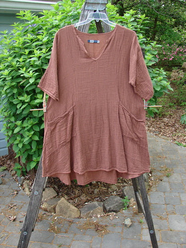 Barclay Gauze Key Pocket Everyday Dress in Unpainted Copper Stripe Size 0, featuring a keyhole neckline, three-quarter sleeves, lower triangular pockets, and a drawcord back, shown in soft cotton gauze.