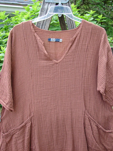 Barclay Gauze Key Pocket Everyday Dress Unpainted Copper Stripe Size 0; features a keyhole neckline, three-quarter sleeves, drop pockets, and sectional panels in soft cotton gauze.
