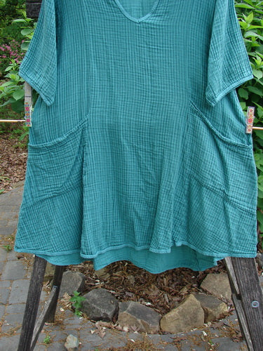 Barclay Gauze Key Pocket Everyday Dress in Unpainted Spearmint Stripe Size 0 features a keyhole neckline, three-quarter sleeves, triangular drop pockets, and a drawcord back, showcasing vintage-inspired elegance from BlueFishFinder.com.