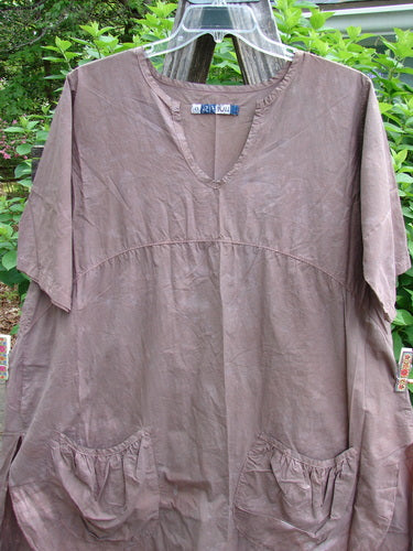 Barclay Percale Key Pocket Hi Low Dress in Mottled Mocha, showcasing a key neckline, dual round bottom pockets, wide sleeves, and a unique rounded front-back length with side vent, embodying BlueFishFinder's vintage elegance.