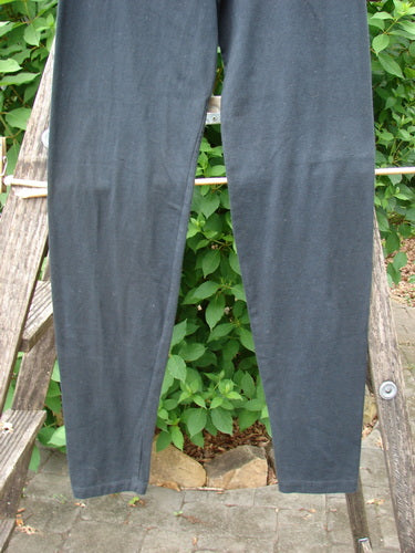 Barclay NWT Cotton Lycra Lightweight Legging Unpainted Black Size 0 displayed outdoors on a clothes line, showcasing its sleek design and form-fitting silhouette against a natural backdrop.