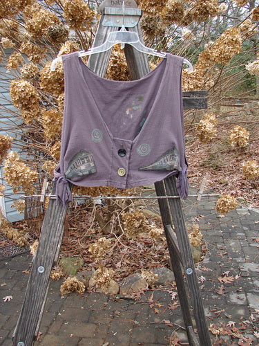 1994 Cornice Vest Travel Train Purple Nuit OSFA: A purple shirt with buttons on a wooden ladder, perfect for layering.