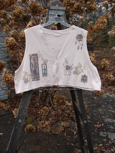 1994 Spruance Vest Tri Roses Mist OSFA - A white vest with a floral design, featuring a generous rear paint of continuous roses and leaves. Dual paper button closure, wide A-line flare, and unique crop layering length. A wonderful accent piece tied with rippies.