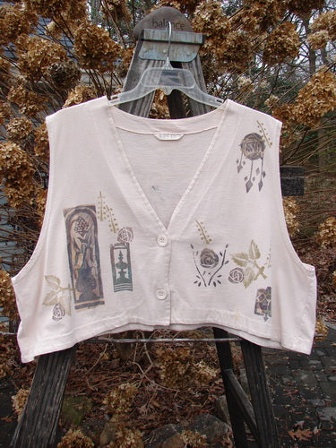 1994 Spruance Vest Tri Roses Mist OSFA - A white vest with a unique crop layering length, featuring a continuous rose and leaf theme, and a wide A-line flare.