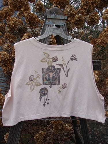 1994 Spruance Vest with tri roses design on mist background, a unique crop layering length, wide A-line flare, and dual paper button closure."
