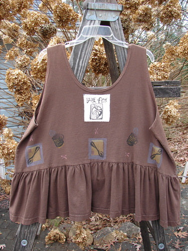 Image alt text: 1992 Peplum Top with Steaming Soup Design, Mushroom, OSFA: Baby doll style tank top with a wide waist, yoked waist seam, and a huge gathered bottom flounce.