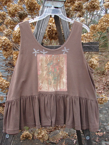 1992 Peplum Top Magic Chair Mushroom OSFA: A brown tank top with a flower design, yoked waist seam, rounded neckline, and wide waist. Features two Blue Fish patches and a gathered bottom flounce.