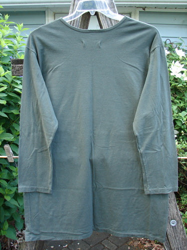 Barclay NWT Long Sleeved Studio Tee in Shadow Garden Green, from the Spring Collection, features cozy long sleeves and a rounded neckline, showcasing a Cheers Celebration theme. Size 0, vintage Blue Fish Clothing style.