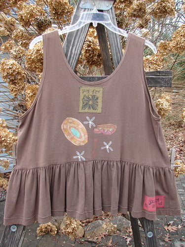 1992 Peplum Top Magic Chair Mushroom OSFA: A brown tank top with a ruffle and design, featuring a yoked waist seam, rounded neckline, and wide waist.