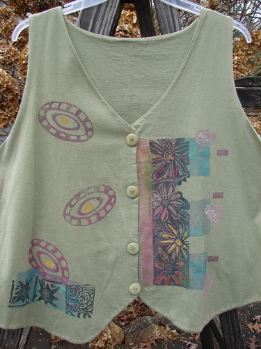 1989 Folk Vest Fish Flower Star Sage OSFA: A vintage cotton vest with a colorful flower star design, tuxedo tails, and a V-shaped neckline. Perfect condition.