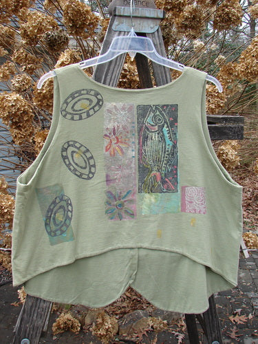 1989 Folk Vest with Fish and Flower Star Design in Sage. Vintage Blue Fish Clothing. Double Layered Cotton. One Size Fits All.