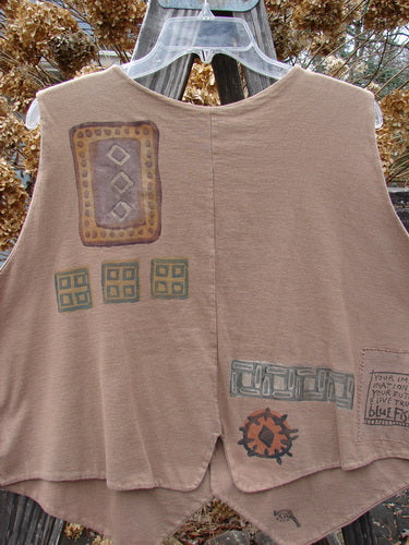 Image alt text: 1995 Cottage Vest Geometrics Cottage Brown OSFA: A vintage vest with geometric designs, featuring a ceramic button front and a shirt tail front hemline.