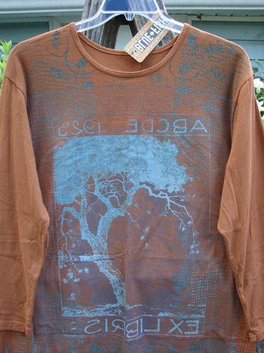 Barclay NWT Long Sleeved Studio Tee ABC Tree Ochre Size 0 features a straight shape, cozy long sleeves, and a rounded neckline with an ABC tree theme, embodying Bluefishfinder.com's artistic, vintage fashion ethos.