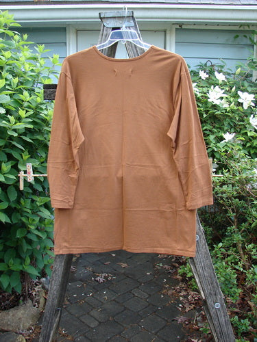 Barclay NWT Long Sleeved Studio Tee ABC Tree Ochre Size 0, featuring a straight shape, long sleeves, rounded neckline, and ABC tree theme paint, crafted from medium weight organic cotton.