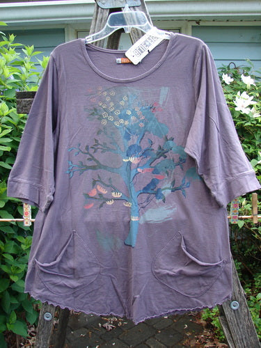 Barclay NWT Banded Artist Pocket Top Bonsai Tree Aura Size 1 features a rounded neckline, three-quarter sleeves, double exterior diagonal pockets, and a bonsai tree pattern, epitomizing BlueFishFinder's vintage artistic individuality.