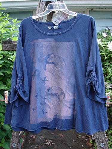 Barclay NWT Draw Gather Sleeve Cafe Top Night Flight Dark Sky Size 0, showcasing a rounded neckline, swinging A-line shape, and cozy wide sleeves with rolled edges, embodying vintage Blue Fish Clothing style.