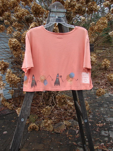 2000 Short Sleeved Crop Tee Rocket Coral Size 1: A pink shirt on a swinger with a rocket in space theme paint.