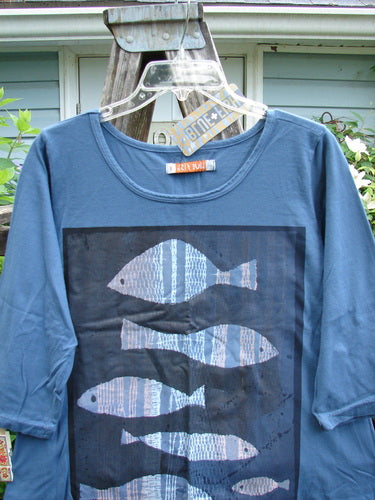 Barclay NWT Simple Short Sleeved A Lined Tee Fish Echo Blue Size 1 features a rounded neckline, wide sleeves, and A-line shape with a fish theme, crafted from medium-weight organic cotton.