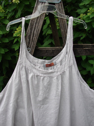 Barclay Batiste Banded Collar Slip Dress in Natural, Size 1, draped on a wooden ladder. Features wide neckline, paneled straps, gathered fabric, and swingy lower. Ideal for breezy summer wear.