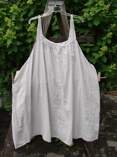 Barclay Batiste Banded Collar Slip Dress in unpainted natural Size 1, featuring a deep neckline, paneled shoulders, and swingy lower hemline, hangs on a wooden ladder against leafy shrubs.