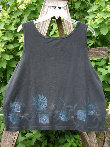 Barclay Cotton Lycra Tank Border Garden Black Size 2 displayed on a ladder, featuring subtle floral and geometric motifs along the hem, reflecting Bluefishfinder.com's commitment to unique vintage fashion.