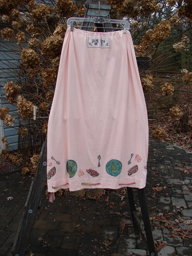 1992 Buttonloop Skirt with drawcord waist and bell shape, adorned with hand-dyed silk ribbon and breakfast diner theme paint.