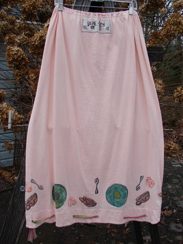 1992 Buttonloop Skirt with hand-painted breakfast diner theme on pink cotton fabric.